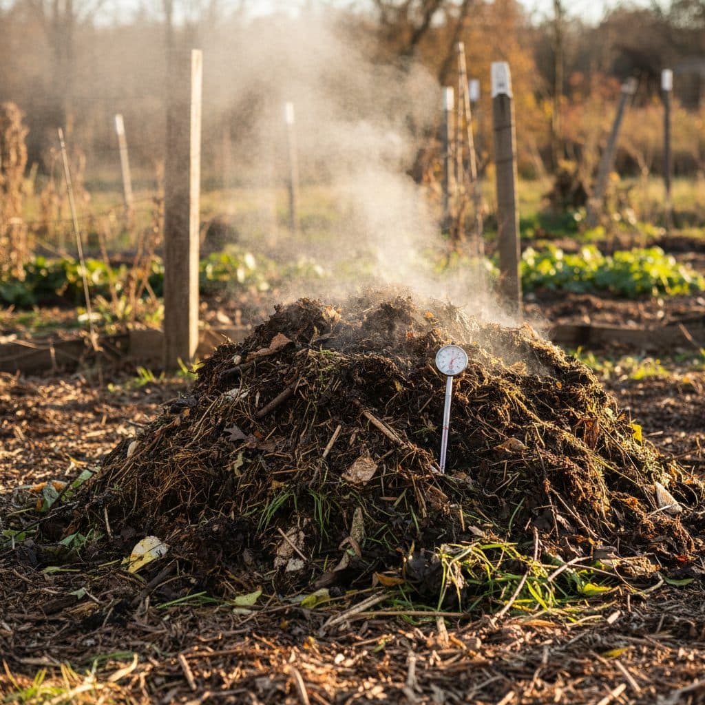 A large, steaming hot compost pile on a rural US homestead, with a thermometer inserted