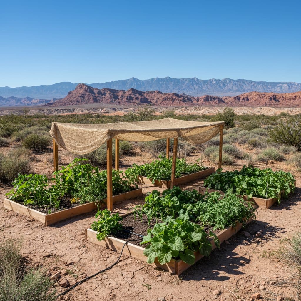 A resilient vegetable garden in raised beds under partial shade cloth in the Arizona desert.