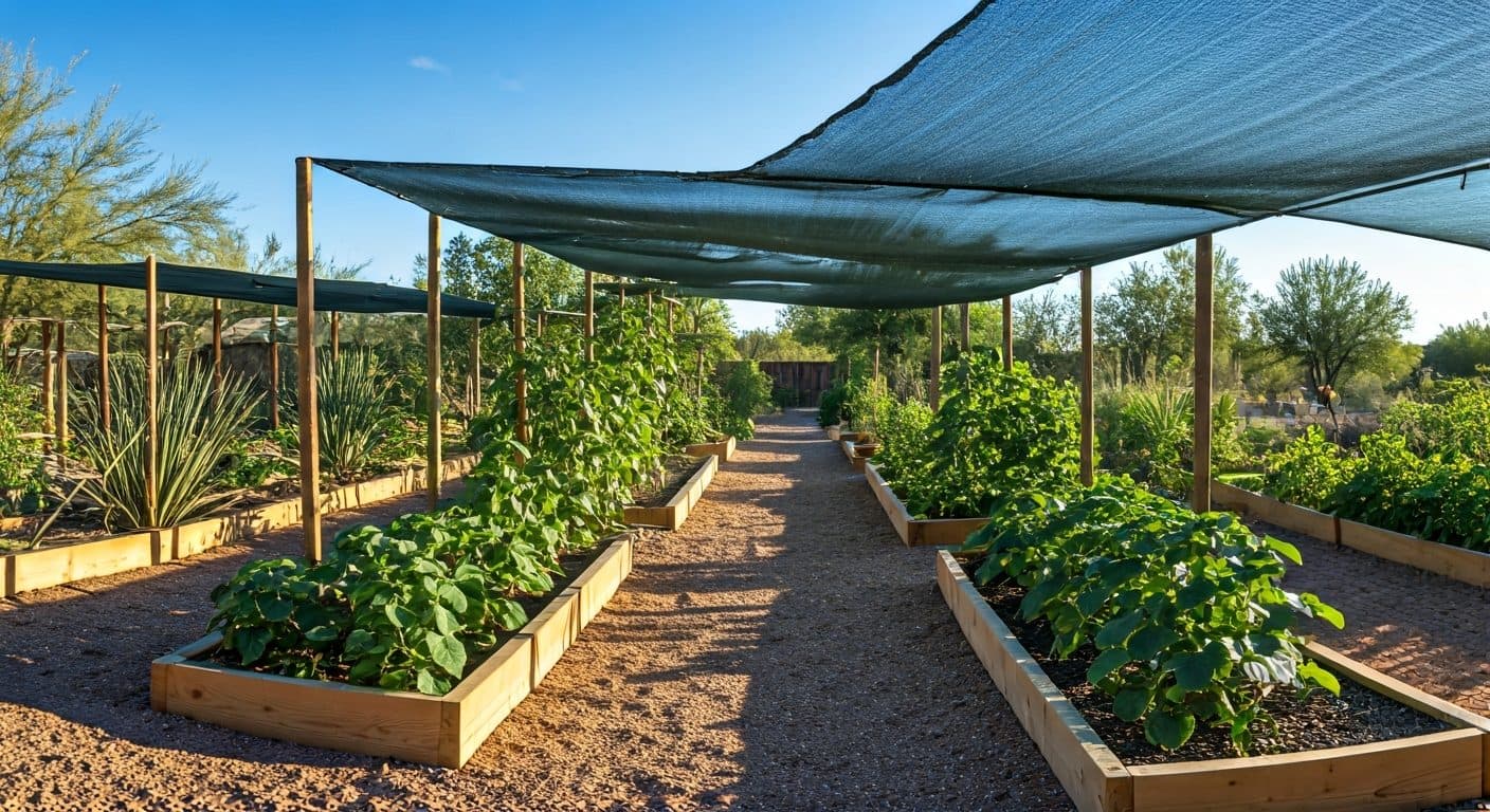 A desert homestead garden with raised beds covered by 50% shade cloth, protecting plants from the intense sun. Early morning light casts long shadows across the arid landscape.