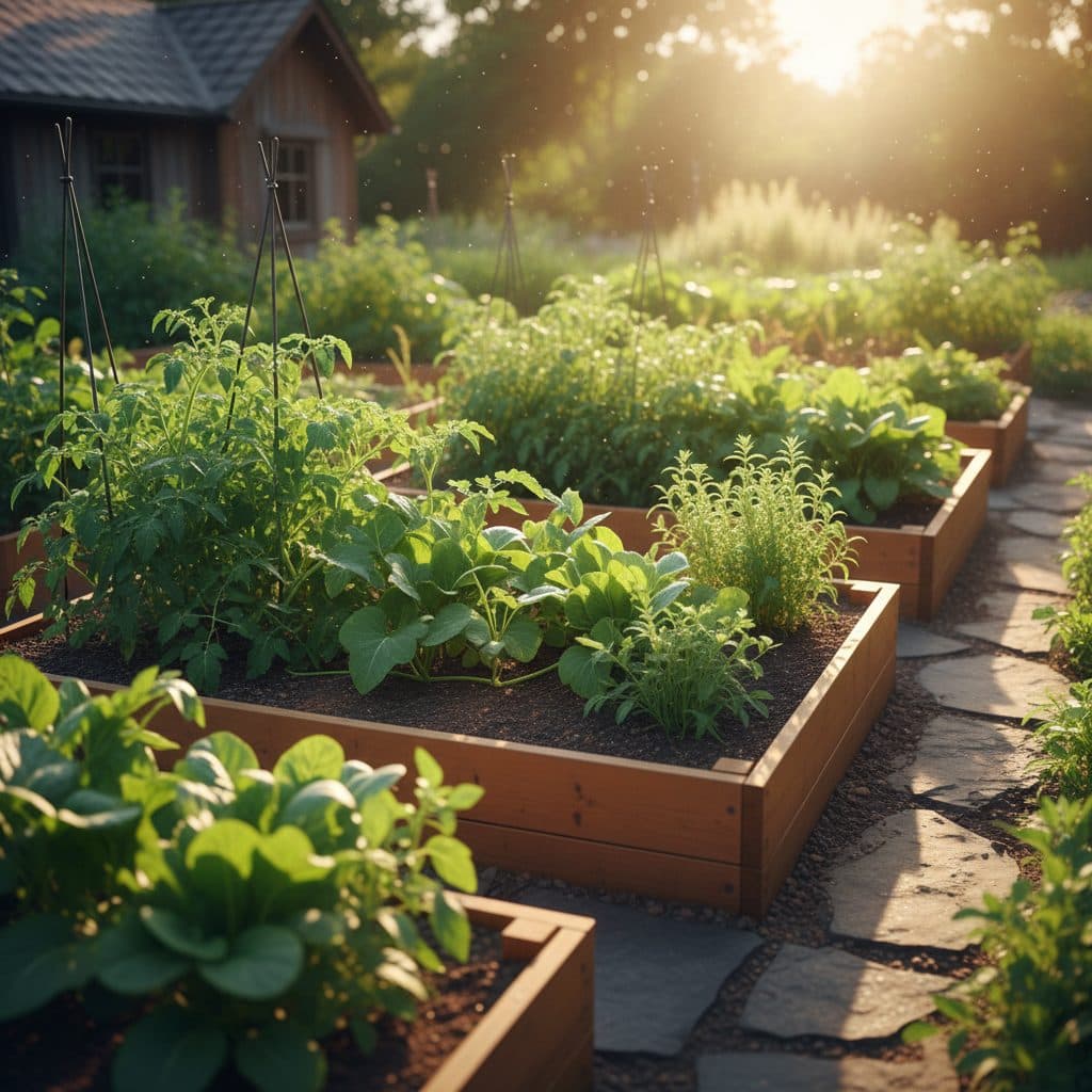A vibrant desert garden under a clear blue sky, with rows of green vegetables partially shaded by a light shade cloth, against a backdrop of distant mountains.