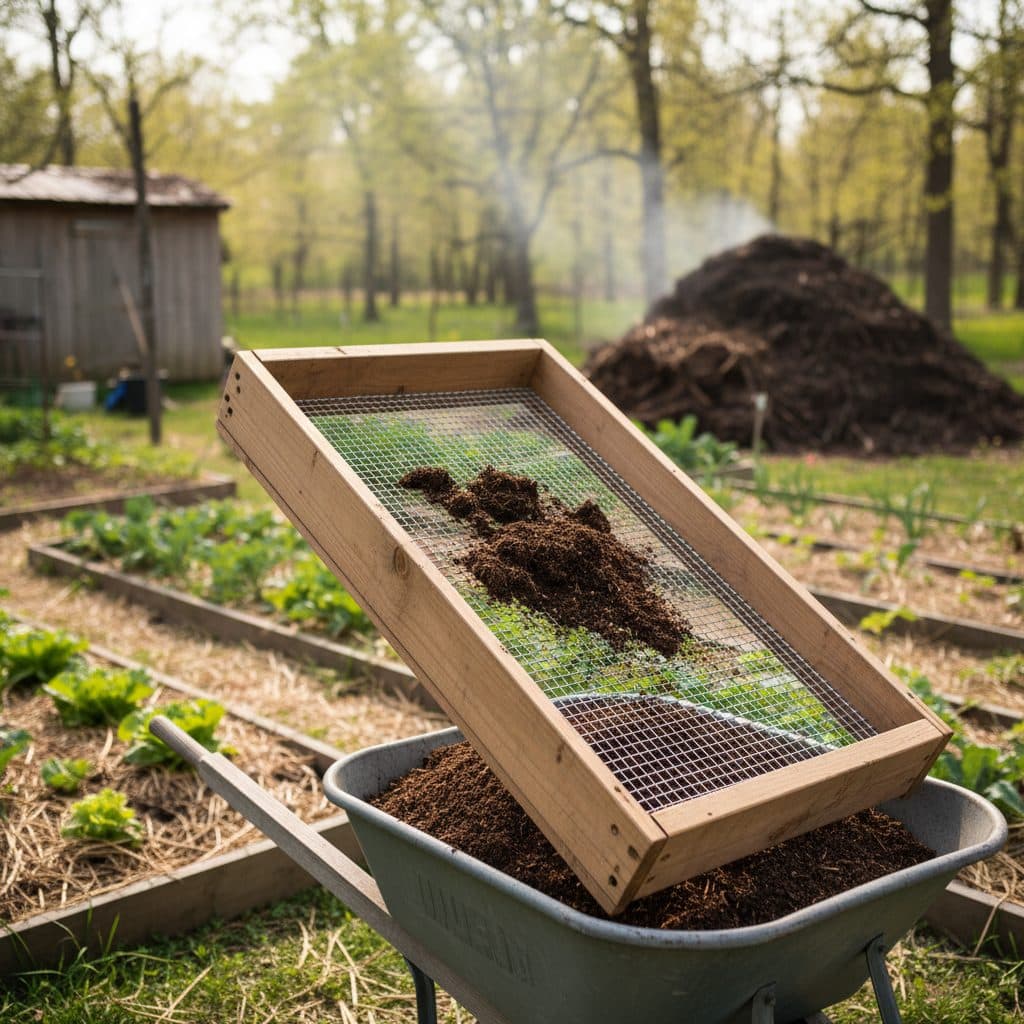 DIY compost sifter with fine compost in a wheelbarrow