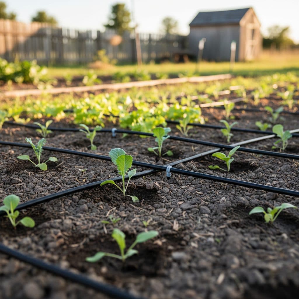 Young vegetable seedlings in a garden bed with drip irrigation lines providing water directly to their bases.