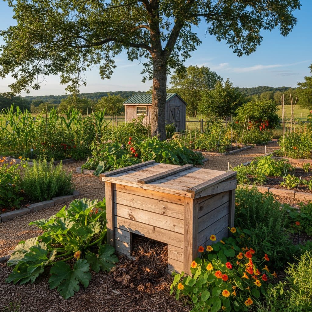 A wooden worm composting bin sits in a shaded garden, surrounded by vibrant green plants, under a clear late afternoon sky.