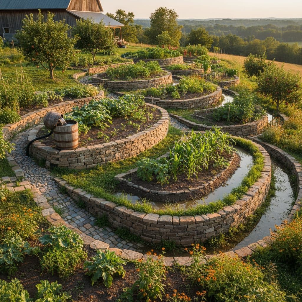 A terraced homestead garden in the US with visible swales and contour lines, designed for water harvesting.