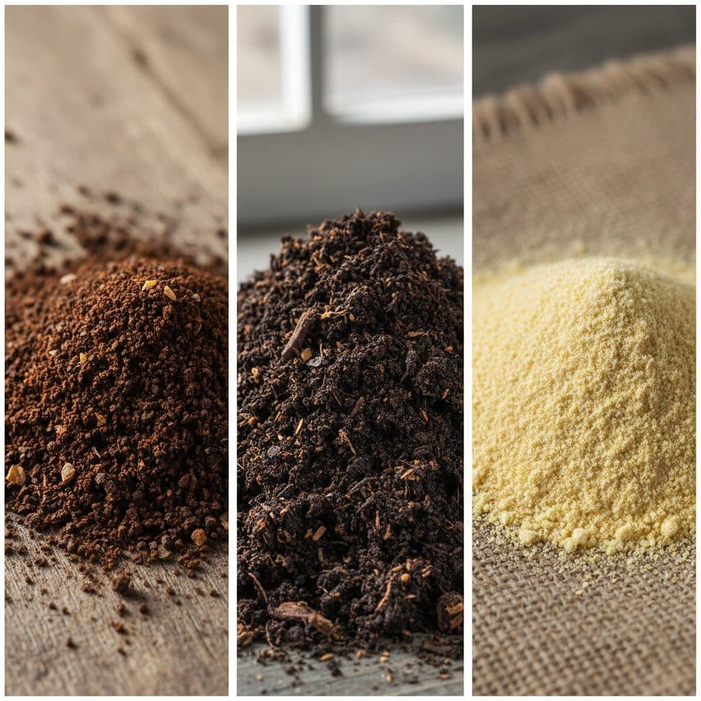 A grid of photos showing finished compost, coffee grounds, and soybean meal.