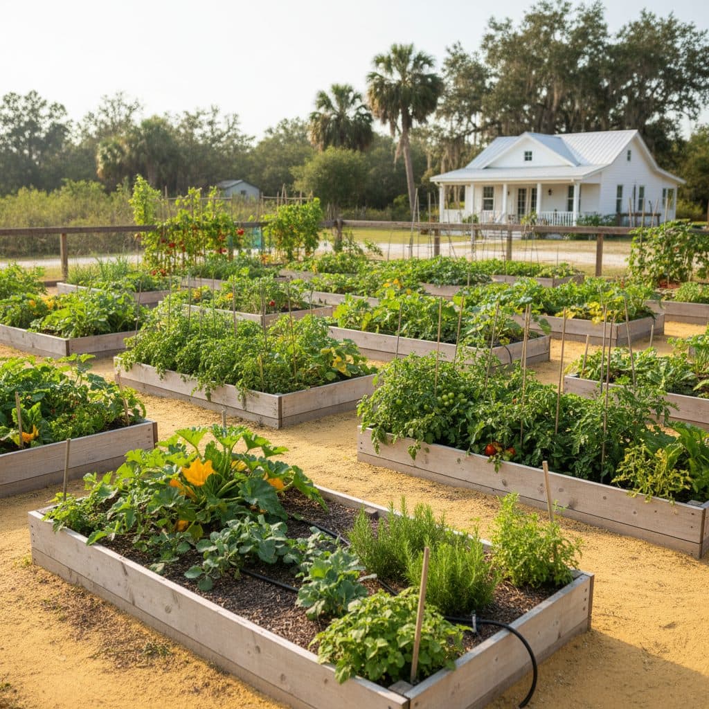 A thriving vegetable garden in Florida, with raised beds filled with dark, rich soil, surrounded by lighter sandy ground, under a bright sun.