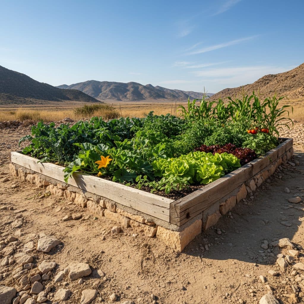 A thriving raised garden bed in a sunny, rocky landscape, demonstrating successful gardening in challenging soil.