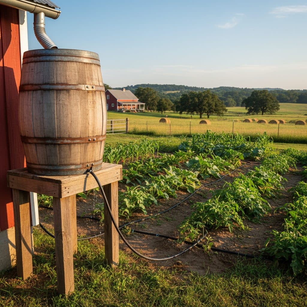 An elevated 275-gallon rain barrel feeding a drip irrigation system in a lush vegetable garden on a US homestead.