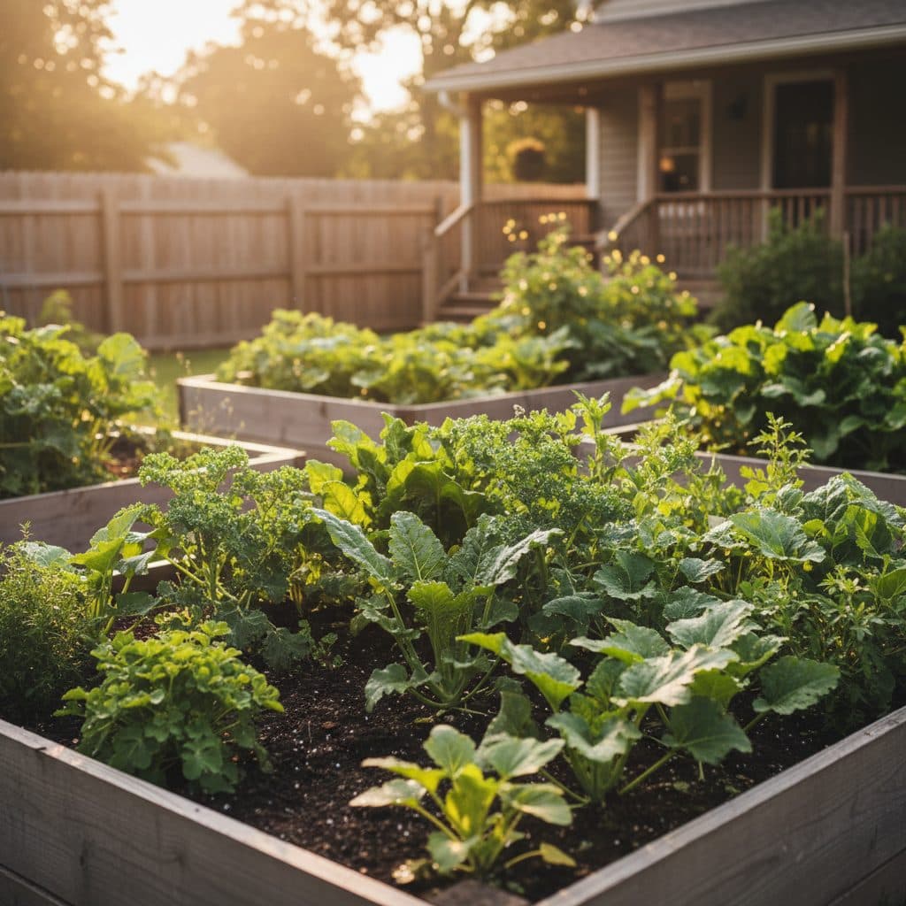 A thriving garden in a dry climate, with visible greywater lines irrigating fruit trees and native shrubs.