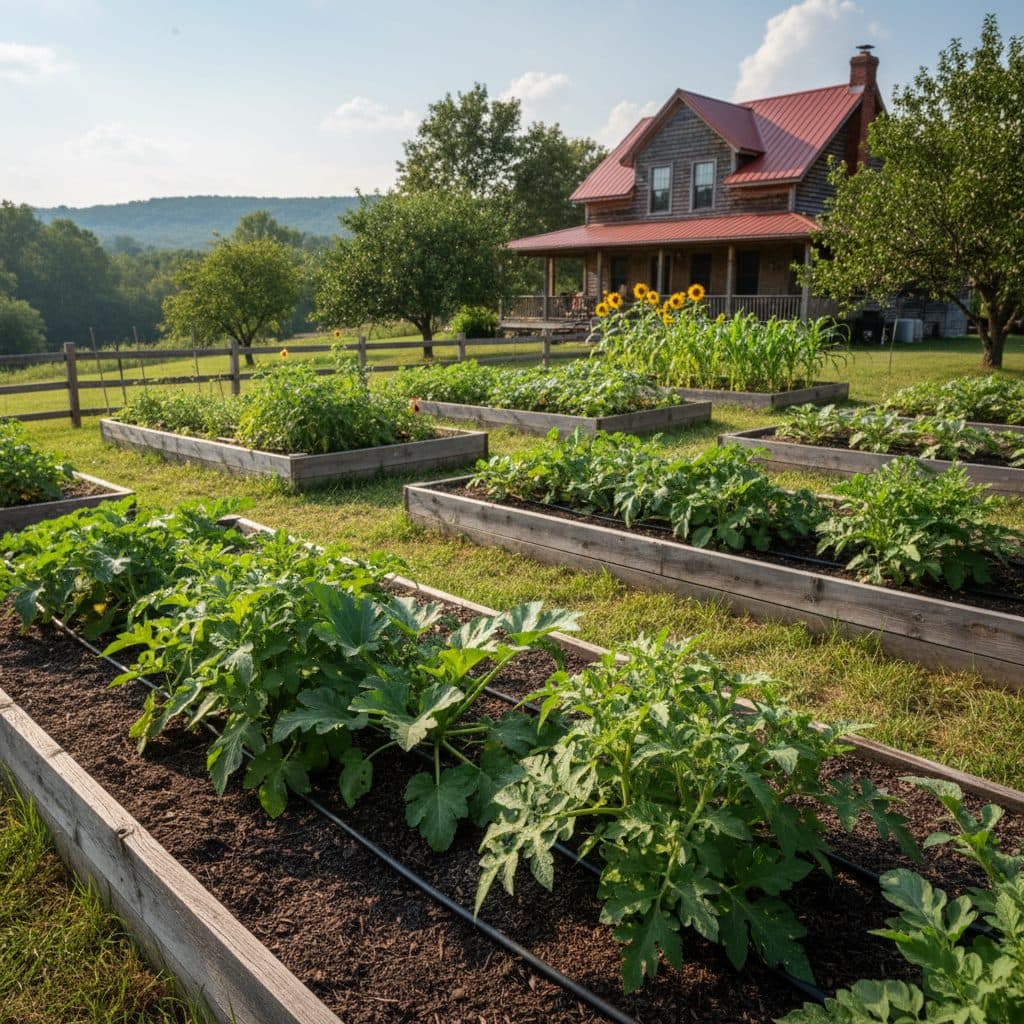 A vibrant US homestead garden thriving with a greywater irrigation system.