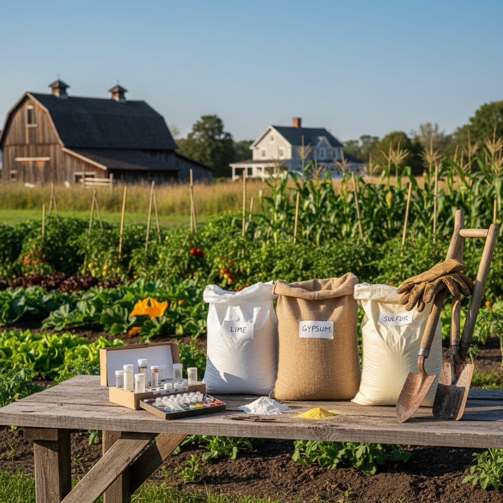 Bags of garden lime, gypsum, and elemental sulfur next to a soil test kit in a thriving US homestead garden.