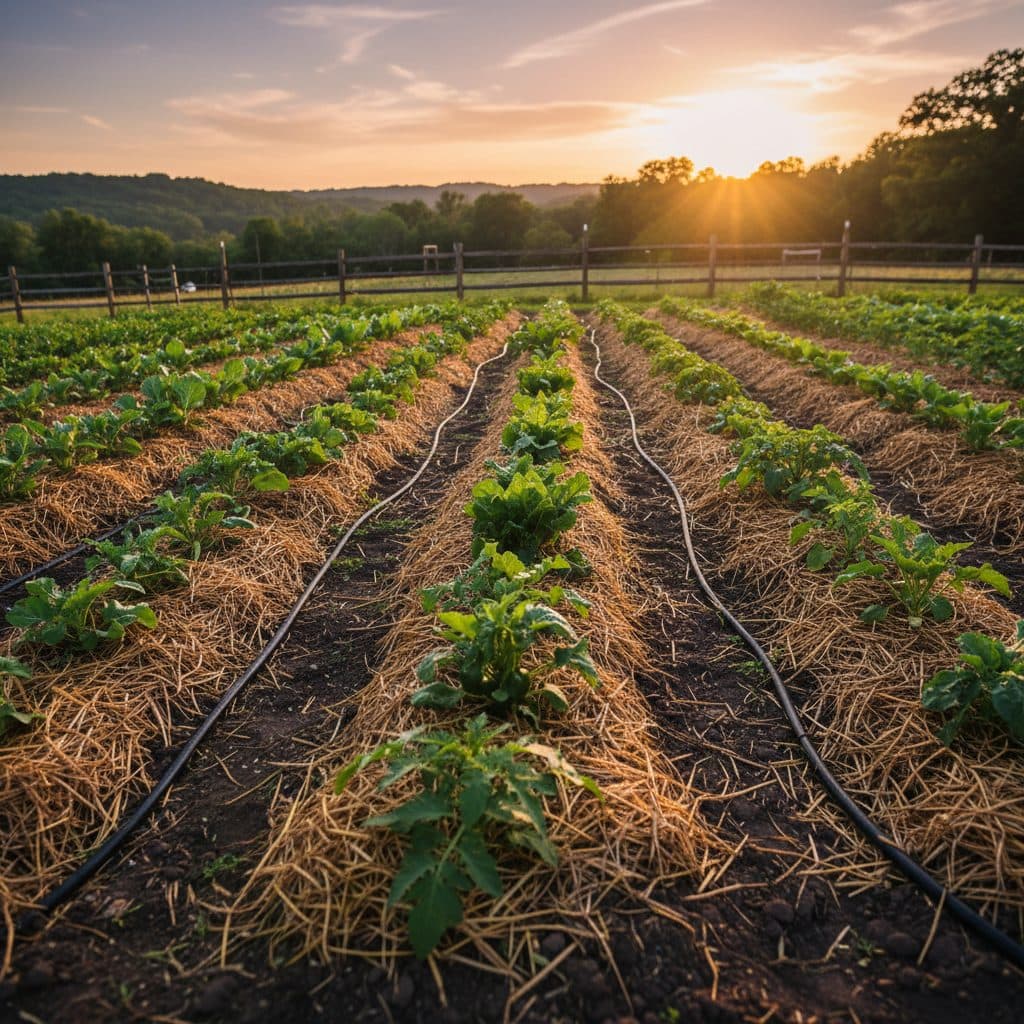 A healthy vegetable garden at sunset, with young plants recently transplanted and mulched