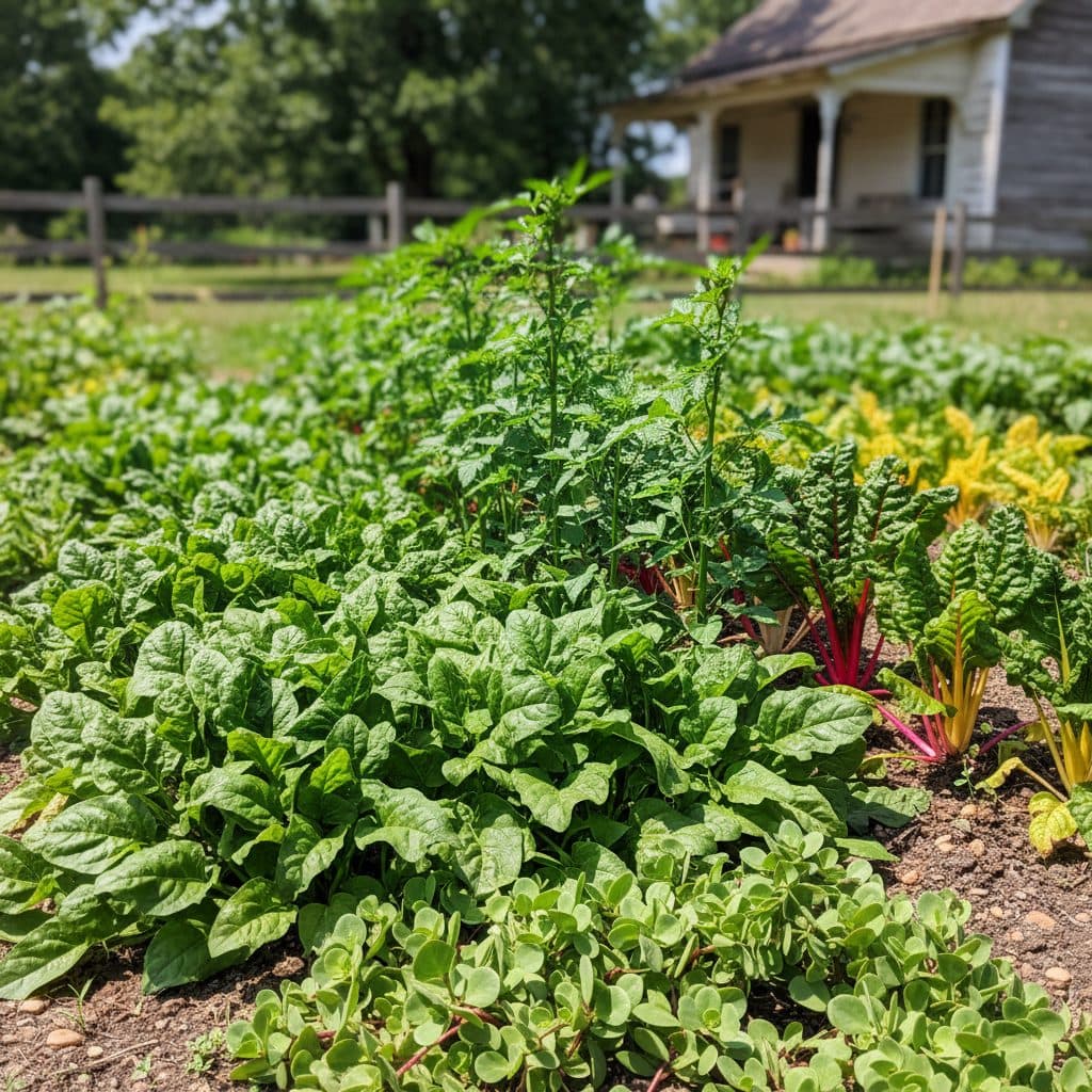 A thriving summer garden with various heat-tolerant greens under bright sunlight in a US homestead.