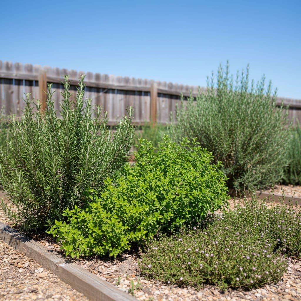 A thriving herb garden in full sun at a US homestead, featuring rosemary, oregano, and thyme in dry, well-drained soil.