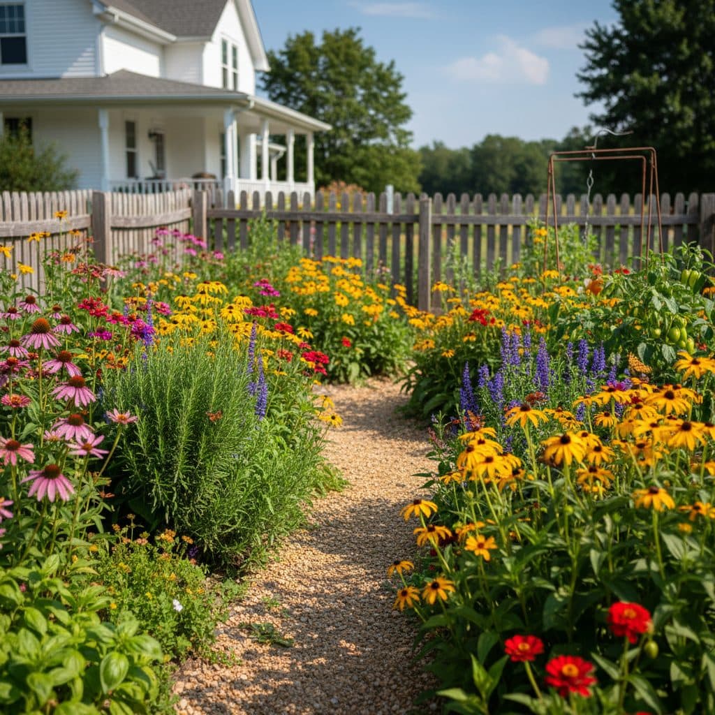A vibrant US homestead garden in full summer bloom, with various heat-tolerant flowers and shrubs, bees and butterflies actively visiting, under bright sun.