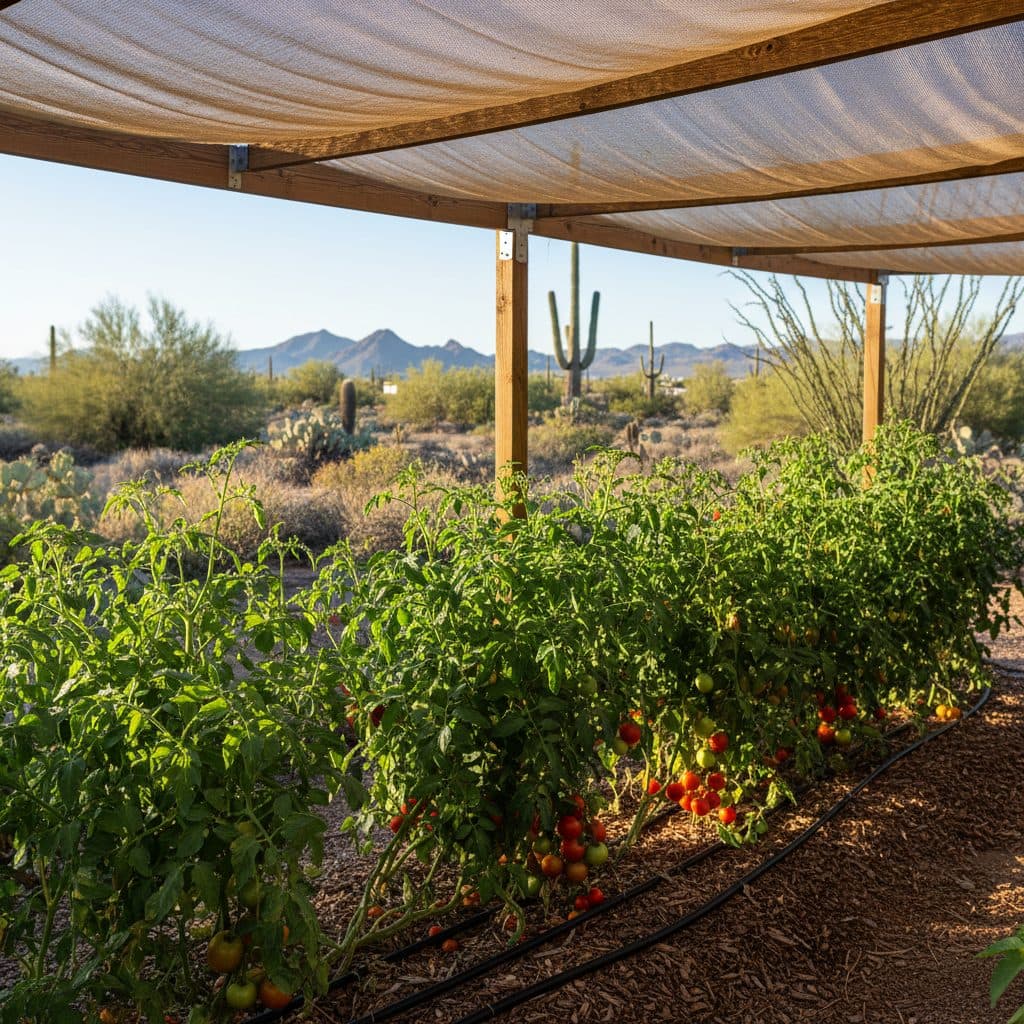 Heat-tolerant tomato plants thriving in a sunny Arizona garden under a shade cloth.