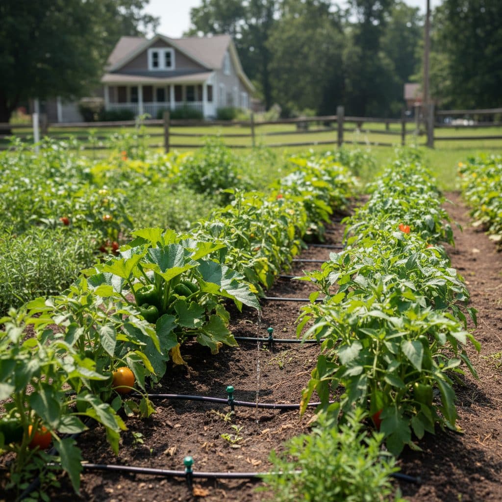 A thriving garden in a heatwave, with visible drip irrigation lines watering healthy plants