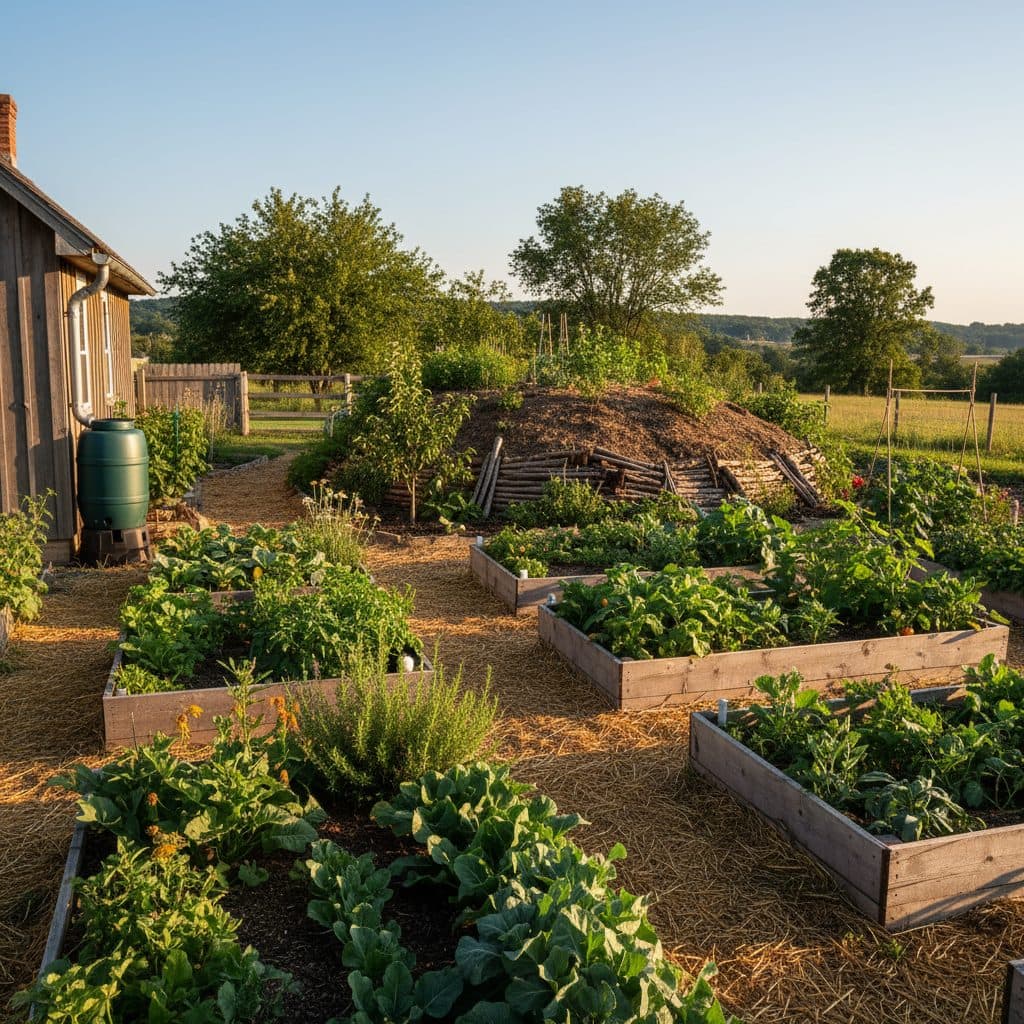 A diverse garden featuring in-ground rows, wooden raised beds, and a Hugelkultur mound, with a rainwater harvesting barrel.