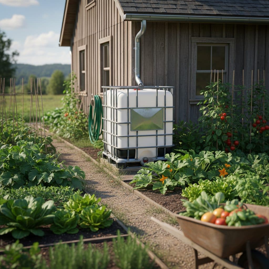 A large white IBC tote collecting rainwater from a downspout next to a vibrant vegetable garden on a US homestead.