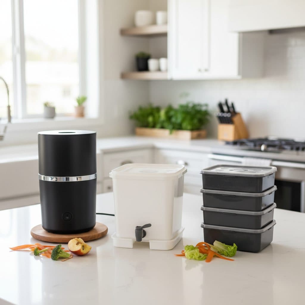 Three different indoor composting systems on a kitchen counter: an electric composter, a bokashi bucket, and a worm bin.