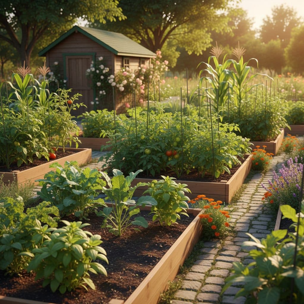 A homestead garden in an arid US region, featuring raised beds, an elevated rain barrel, and a visible gravity drip irrigation system, ready for a long absence.