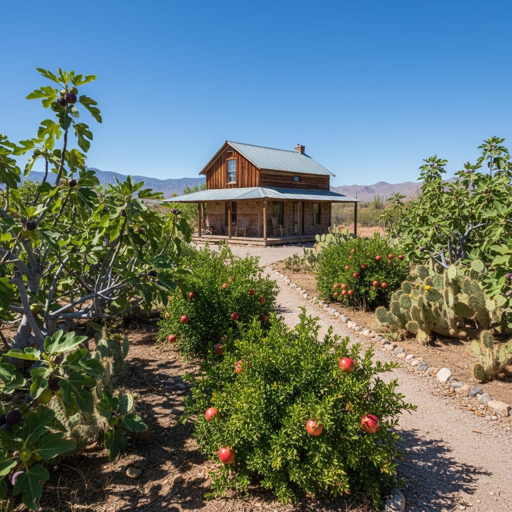 A resilient homestead garden with drought-tolerant fig, pomegranate, and prickly pear plants.
