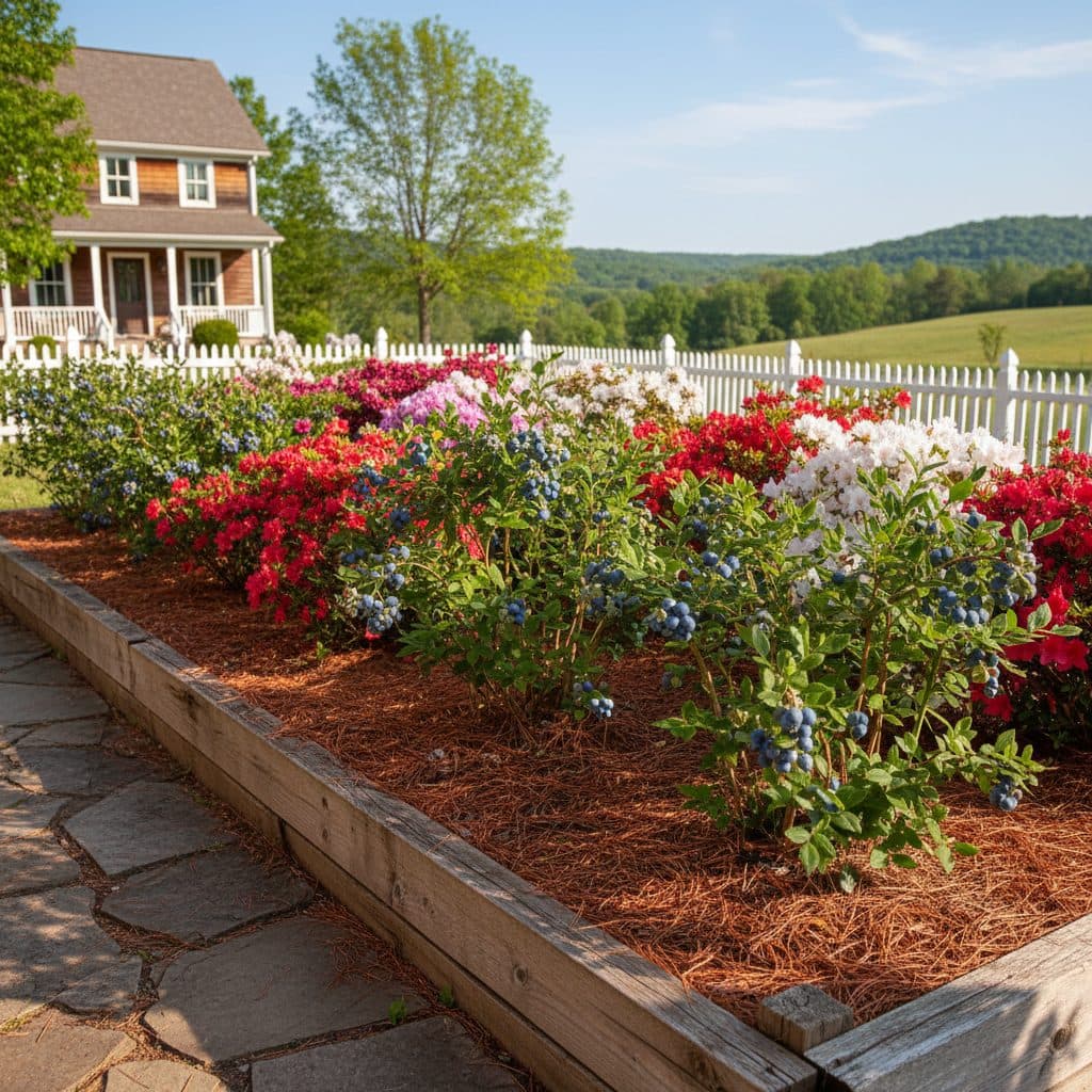 A thriving garden bed with blueberry bushes and colorful azaleas, mulched with pine needles, under a bright sky in a typical US homestead.