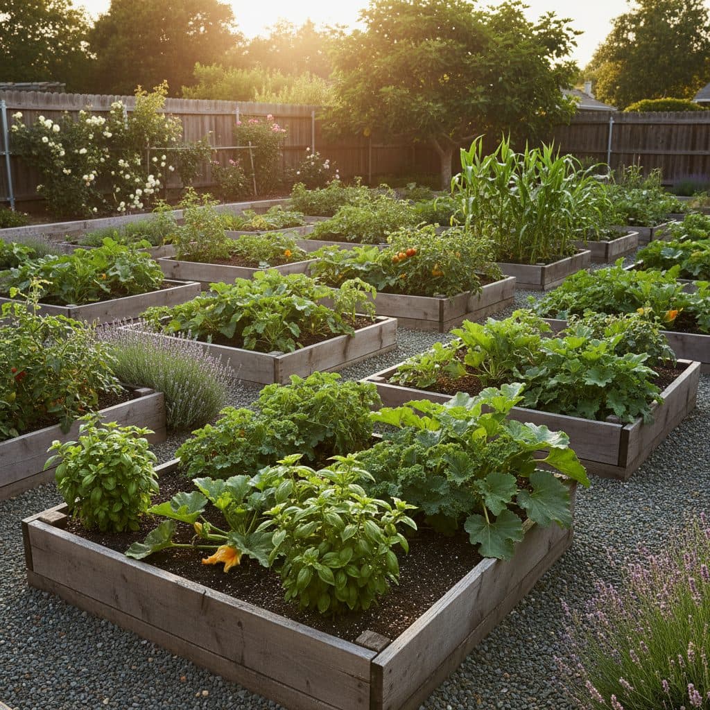 A mulched vegetable garden thriving under a bright summer sky, showcasing straw mulch protecting plants from heat.