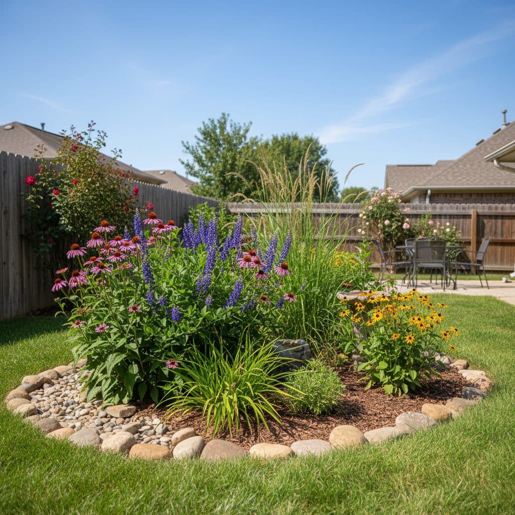A vibrant rain garden in a suburban backyard, absorbing water from a downspout after a rain shower, with native plants thriving.