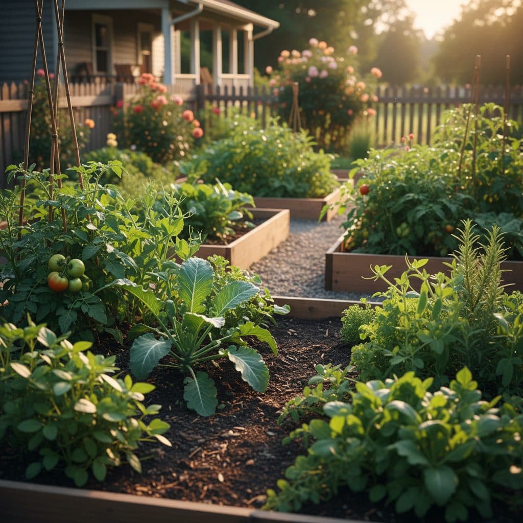 A resilient desert homestead garden featuring prickly pear cacti, a mesquite tree, and rows of tepary beans under a bright blue sky in the American Southwest.