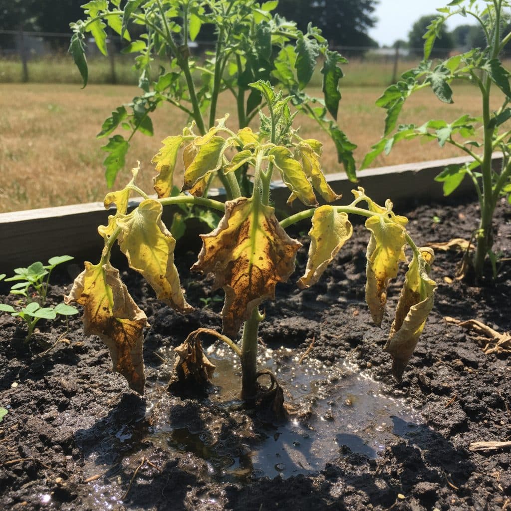 A wilting tomato plant in a garden during a heatwave, with yellowing leaves and wet soil, indicating overwatering damage.
