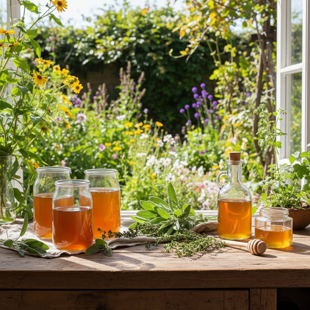 Jars of oxymels and fire cider with fresh herbs and honey on a kitchen counter.