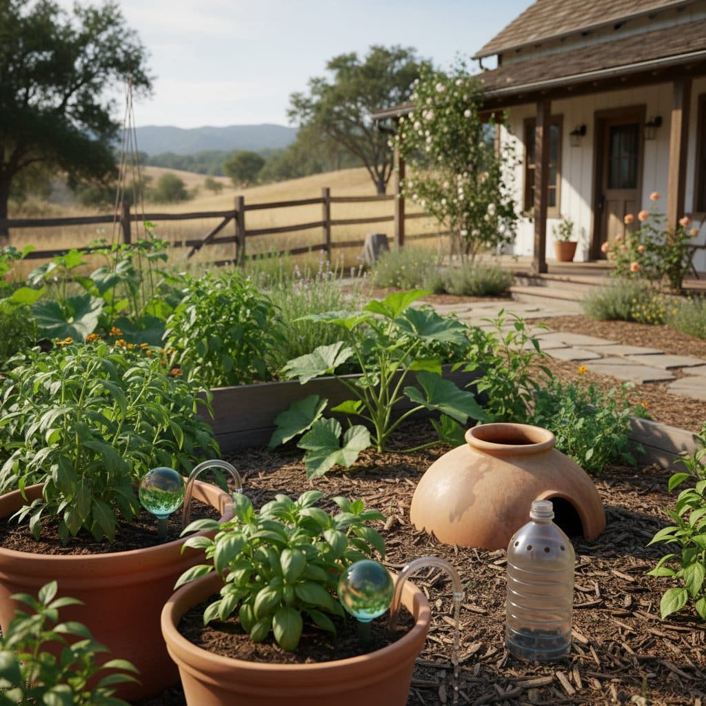 A US homestead garden scene showcasing various passive irrigation methods like self-watering globes, DIY drip bottles, and ollas, with lush, healthy plants.