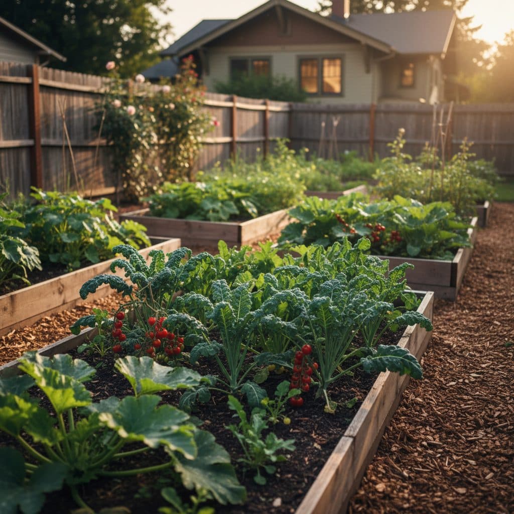 A peaceful US homestead with a vegetable garden, barn, and open fields under a clear sky.