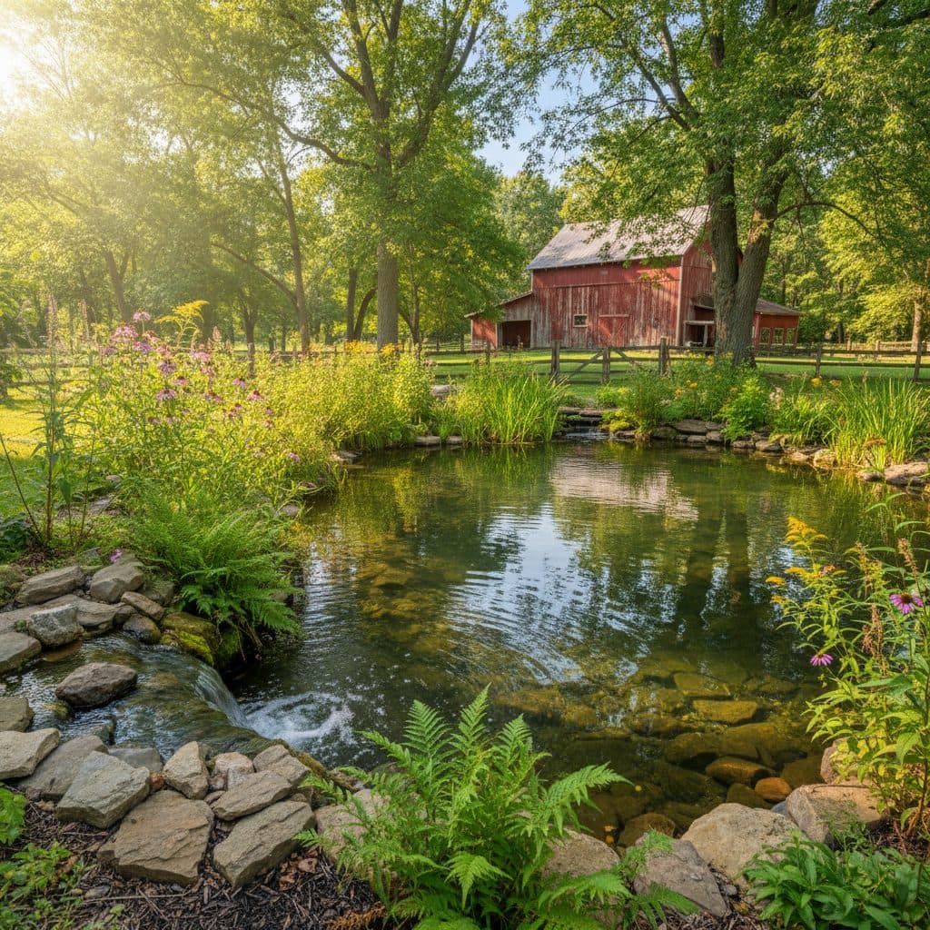 A clear, healthy backyard pond reflecting blue sky and green trees on a sunny day.