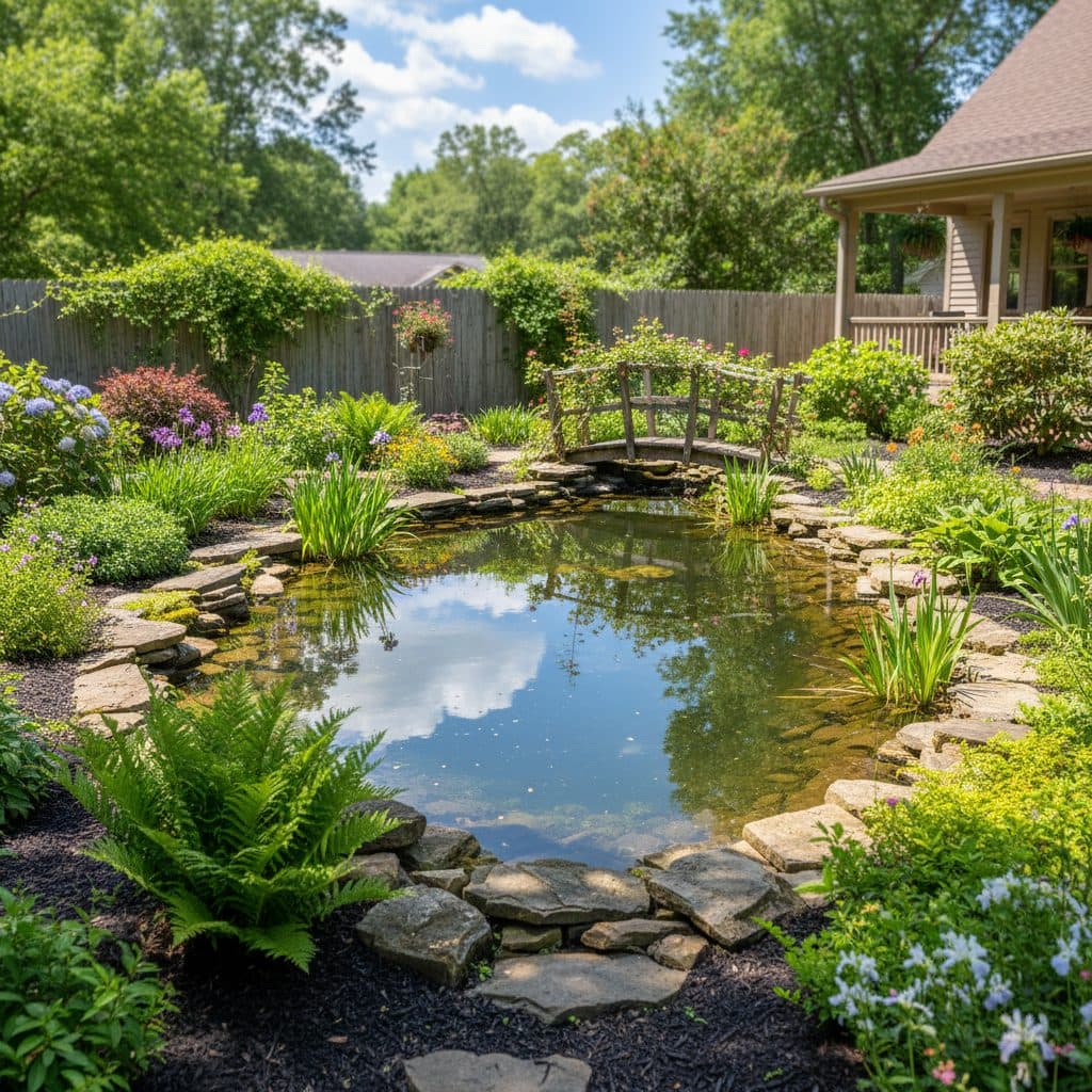 A beautiful backyard pond with natural stone edging, reflecting the sky, ideal for water harvesting.