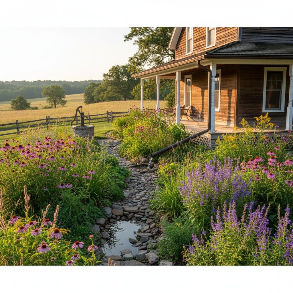 A beautiful, established rain garden filled with native plants, gracefully collecting water from a downspout next to a charming Midwestern home.