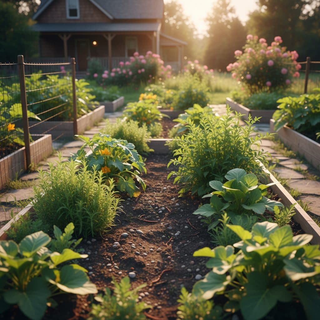A rustic homestead scene with a rain barrel collecting water from a shed roof, surrounded by garden beds in a dry, western US landscape.