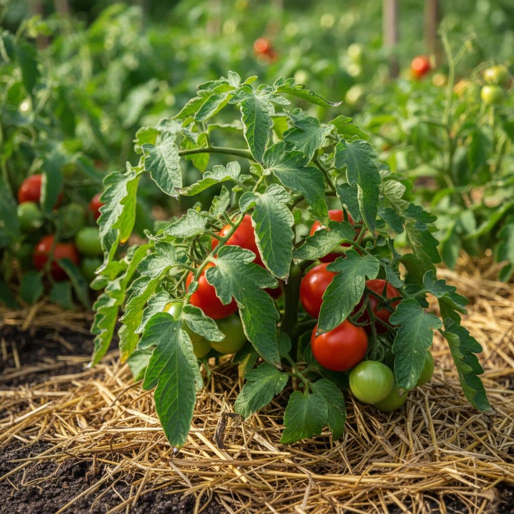 Tomato plant leaves curling slightly upwards, indicating early heat stress in a mulched garden bed.