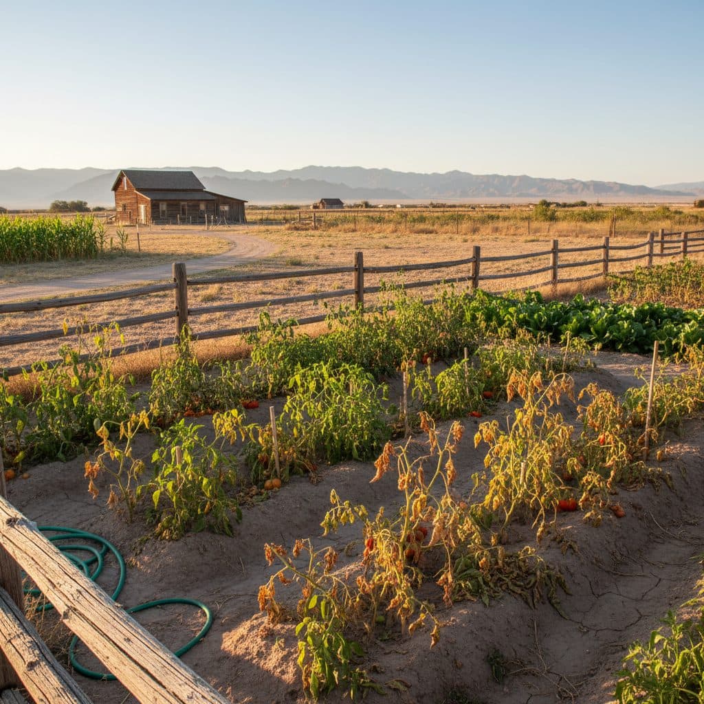 Heat-stressed tomato and pepper plants wilting in a sunny US garden.