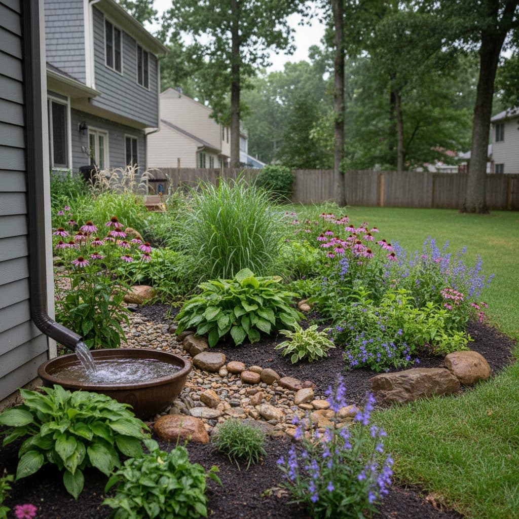 A vibrant rain garden in a suburban backyard, capturing rainwater from a downspout.