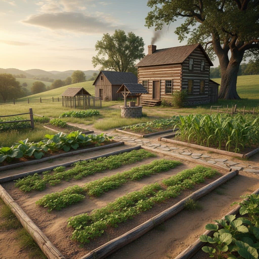 A thriving home garden in the US, with rows of cover crops like cowpeas and buckwheat growing in sandy soil, indicating improved soil health.