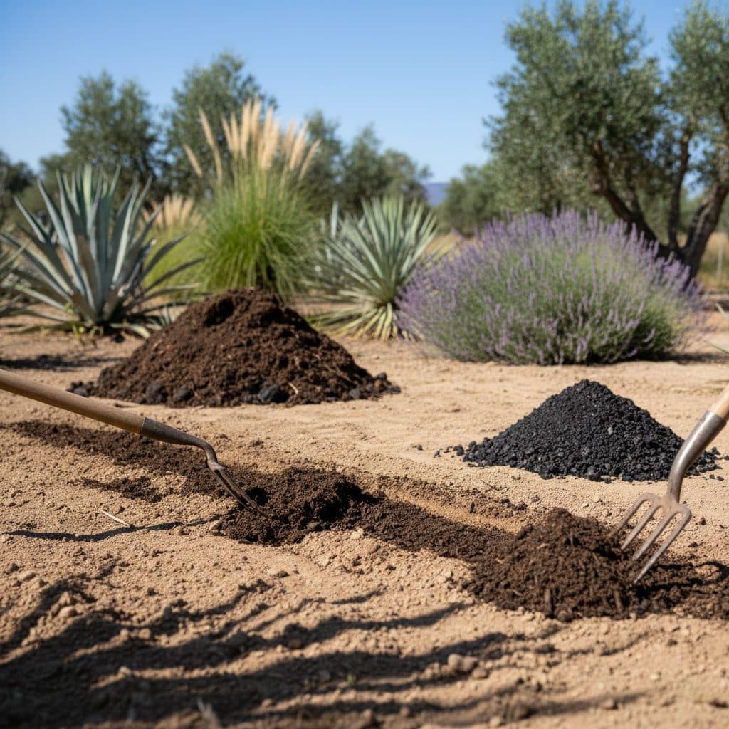A sunny homestead garden scene in USDA zone 7, with sandy soil being amended with dark compost and biochar, showing improved texture, and drought-tolerant plants in the background.