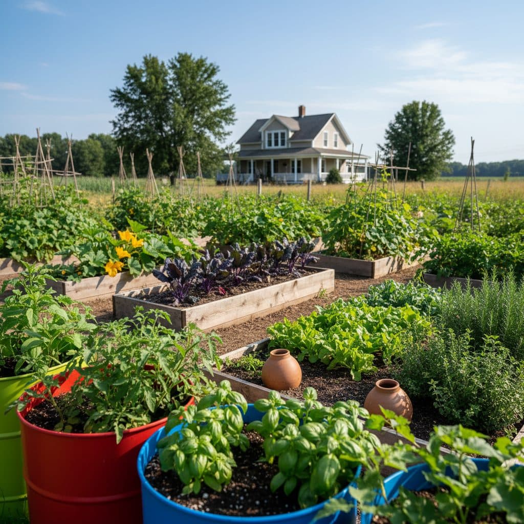 A thriving homestead garden with self-watering containers and wicking beds full of green plants.