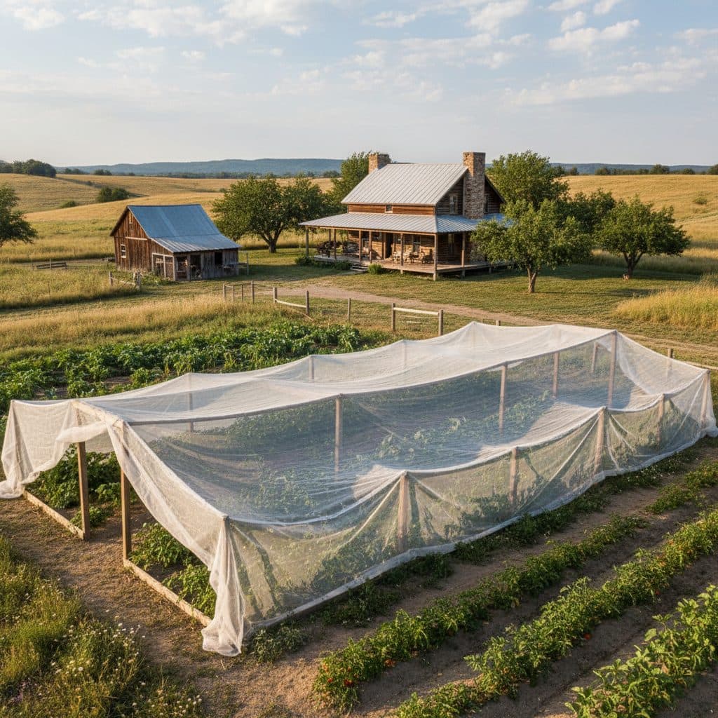 A peaceful US homestead garden with rows of vegetables partially covered by white shade cloth, protecting them from the summer sun.