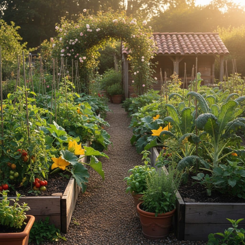 A peaceful garden scene with grouped potted plants, thick mulch, and a simple shade cloth protecting plants from the sun.
