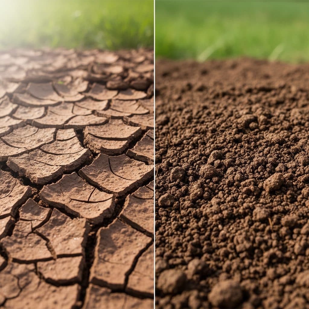 A photo showing highly compacted clay soil and adjacent loose, granulated soil structure.