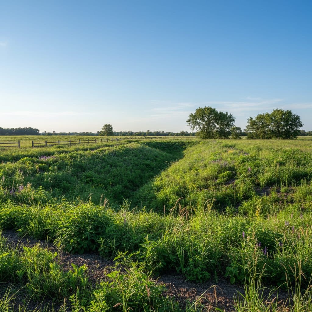 A healthy, vegetated swale on a homestead, showing no standing water and a clear overflow path.
