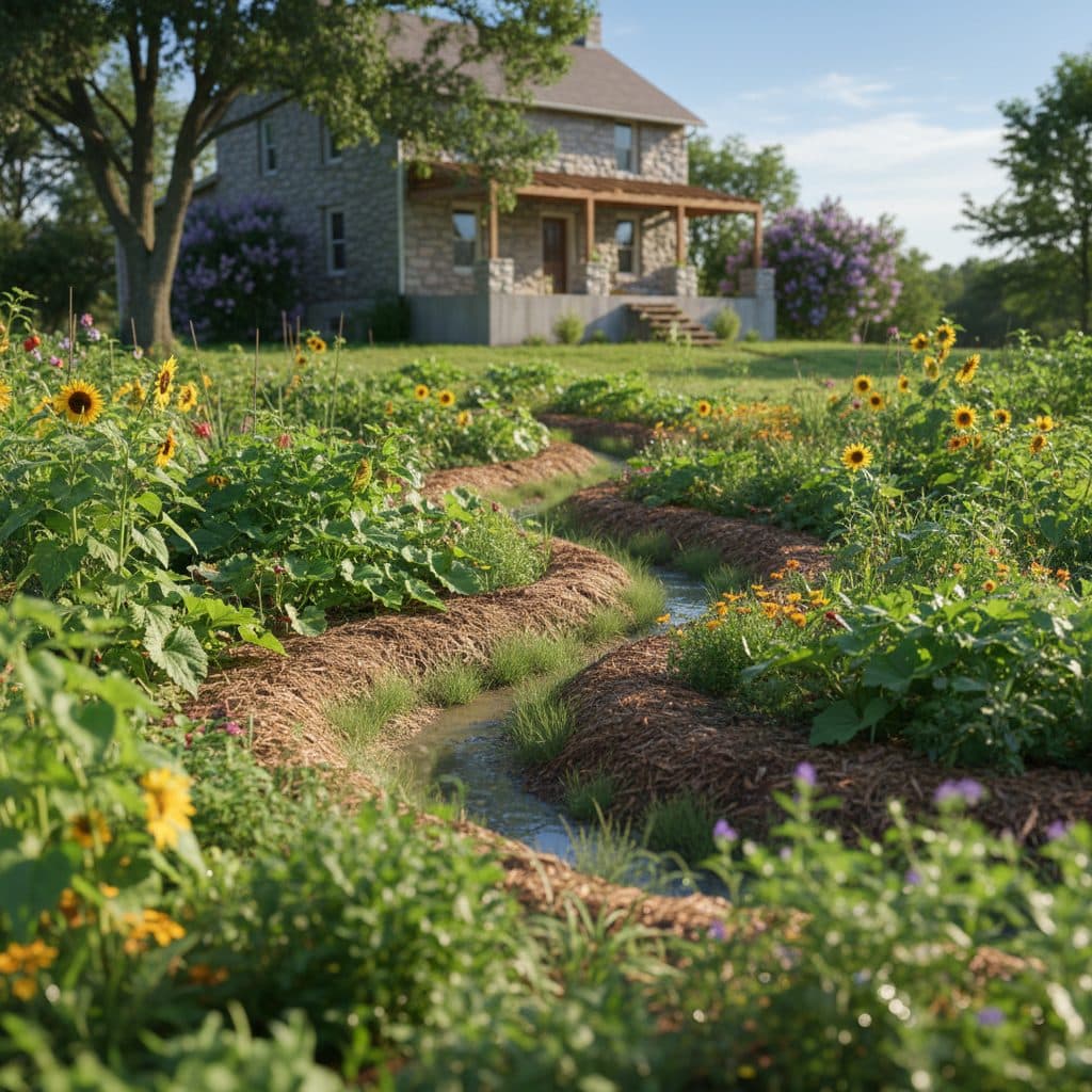 A well-maintained backyard swale in a US homestead garden, safely distant from the house foundation, collecting rainwater.