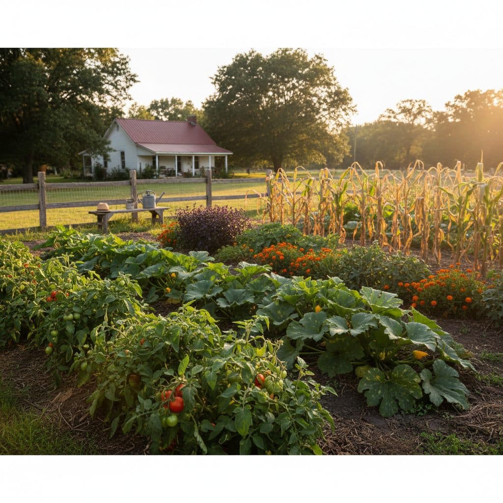 A diverse US homestead garden with some plants showing mild wilting, under a warm afternoon sun.
